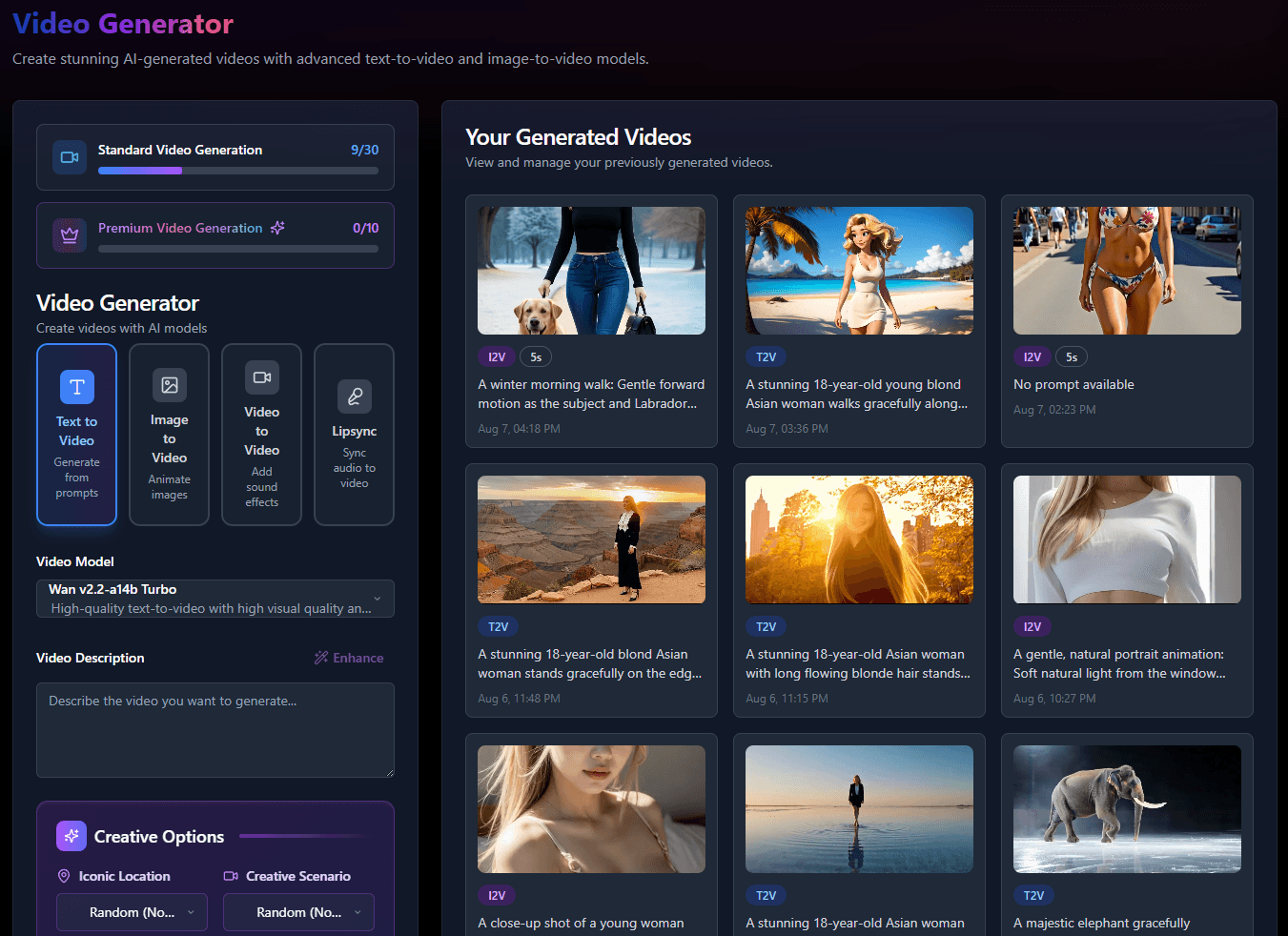 AI Video Generator Preview - Text-to-Video, Image-to-Video, Video-to-Video, and Lipsync with Kling 2.1, Veo 3, Pixverse, MiniMax